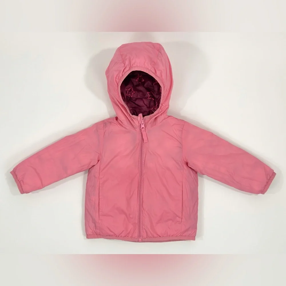 Okie Dokie Girl 18mos Jacket Pink Stars Celestial Quilted Reversible Hood Puffer